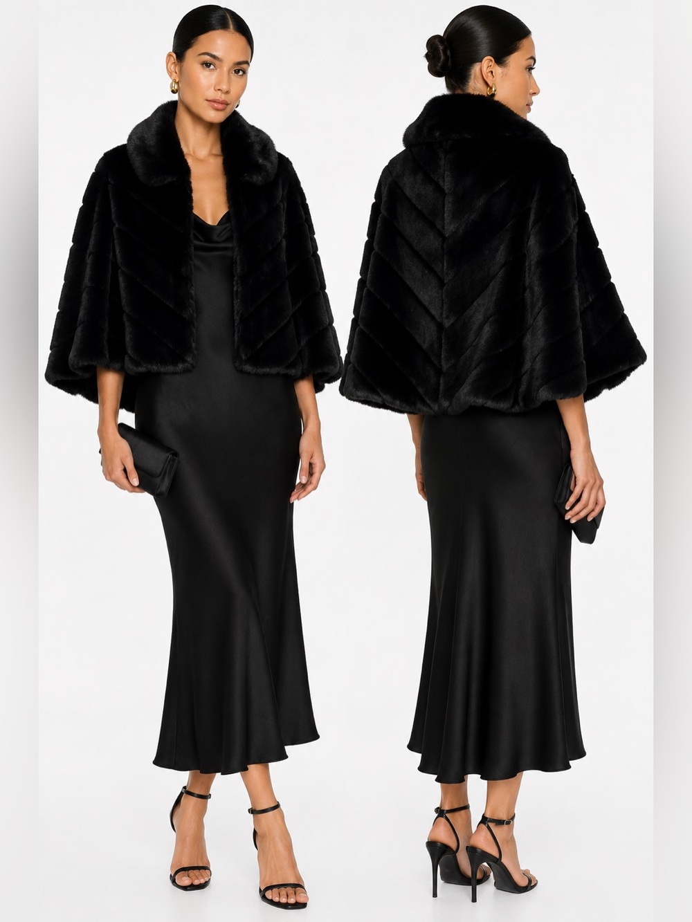 BCBG Black Faux Fur Cape Jacket One Siz